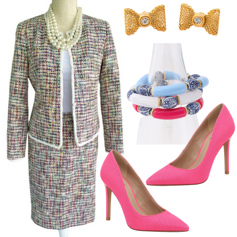 jcrew rainbow tweed suit styled for an office look