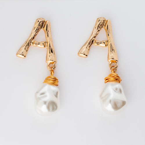 Gold Monogram Pearl Drop Earrings Wedding and Bridesmaids Letter A